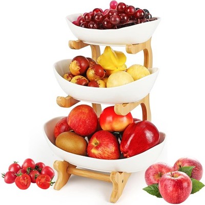 3-Tier Obst Etagere Weiß Holzständer ABS Schalen für Küche Servierplatte 26-28cm