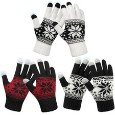 3 Pairs Touch Screen Gloves Snow Flower, Warm Knit Winter Black White Red