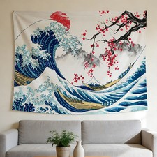 Japanese Wave Tapestry - Ukiyo-e Style Wall Hanging for Home Festival Decoration