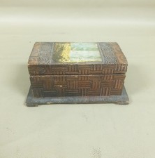 Antique 6.25" Hand Carved Wood Trinket Hinged Lid Scroll  Grid Landscape