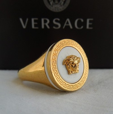 Versace White Enamel Medusa Greca Engravings Yellow Brass Ring $495 sz23/10 NIB