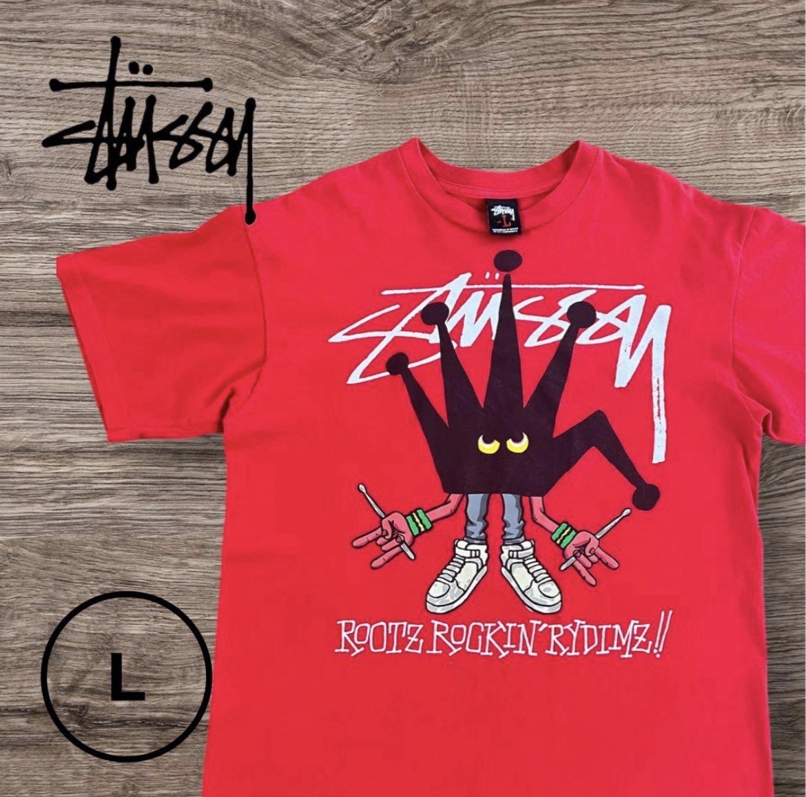 Vintage Stussy T Shirt L Red Crown Character Rootz Rockin Rydimz