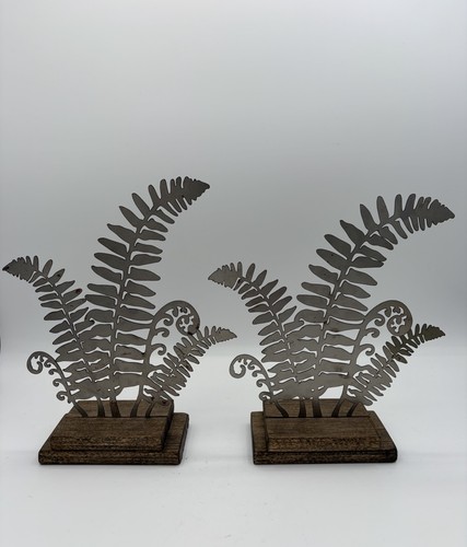 Fern Botanical Nature Metal Wood Base Rustic Figurines Cottagecore 9" Set Of 2