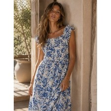 Eliza J Blue White Floral Smocked Waist Ruffle Sleeve Maxi Dress Womens 14
