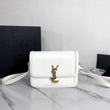 Women's White Croc-Embossed Crossbody Bag, Gold Logo Flap Shoulder Purse