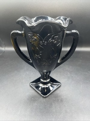 Black Amethyst Glass Vintage Dancing Nymphs Vase Trophy L.E. Smith