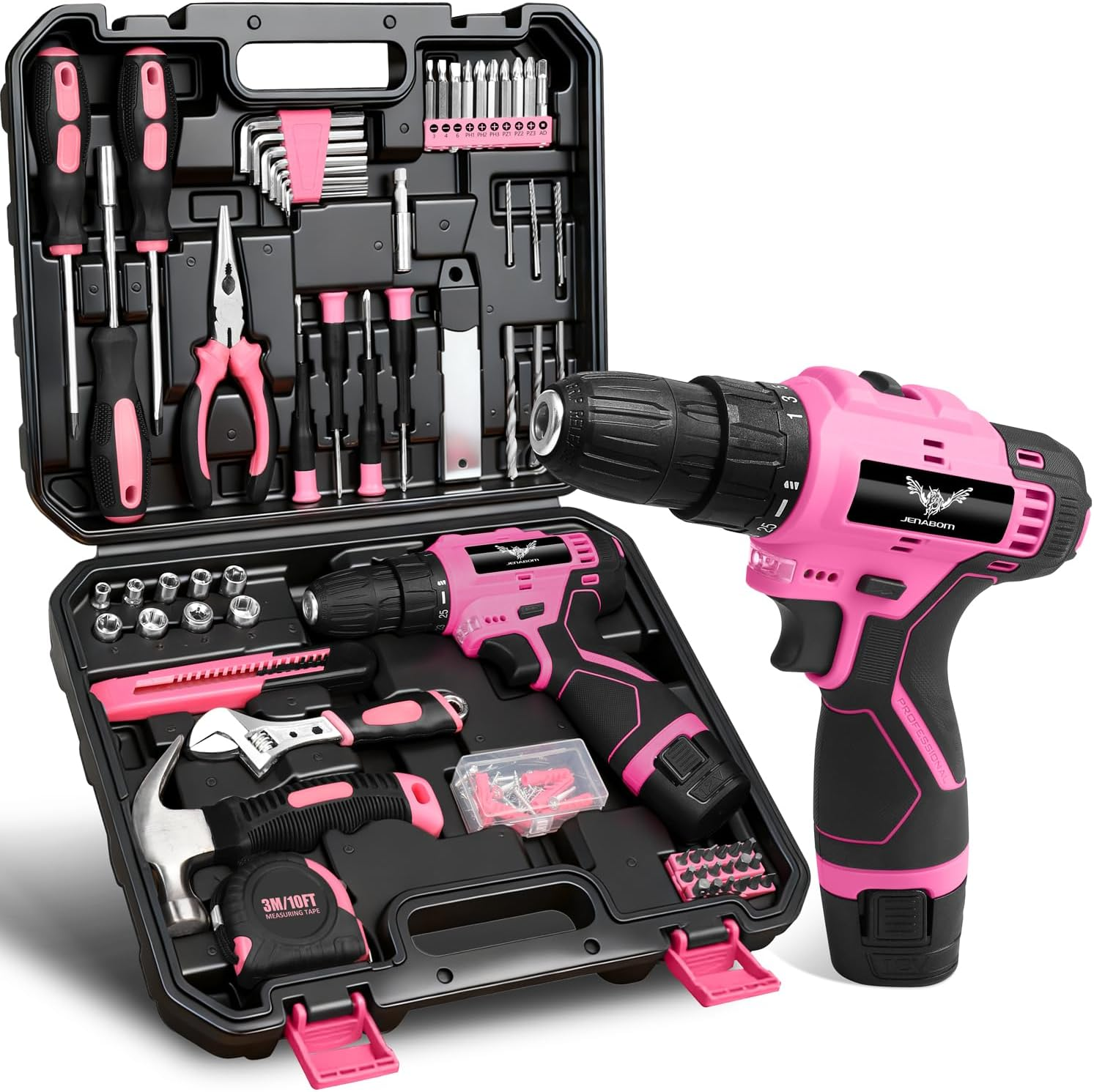 Pink Tool Set - 12V Cordless Drill Kit, 151 Piece Home Tool Set with Power Drill
