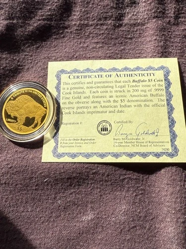 2023 Cook Islands * U.S Indian Head Chef  & Buffalo 5$ .999 Gold Coin * BU * COA