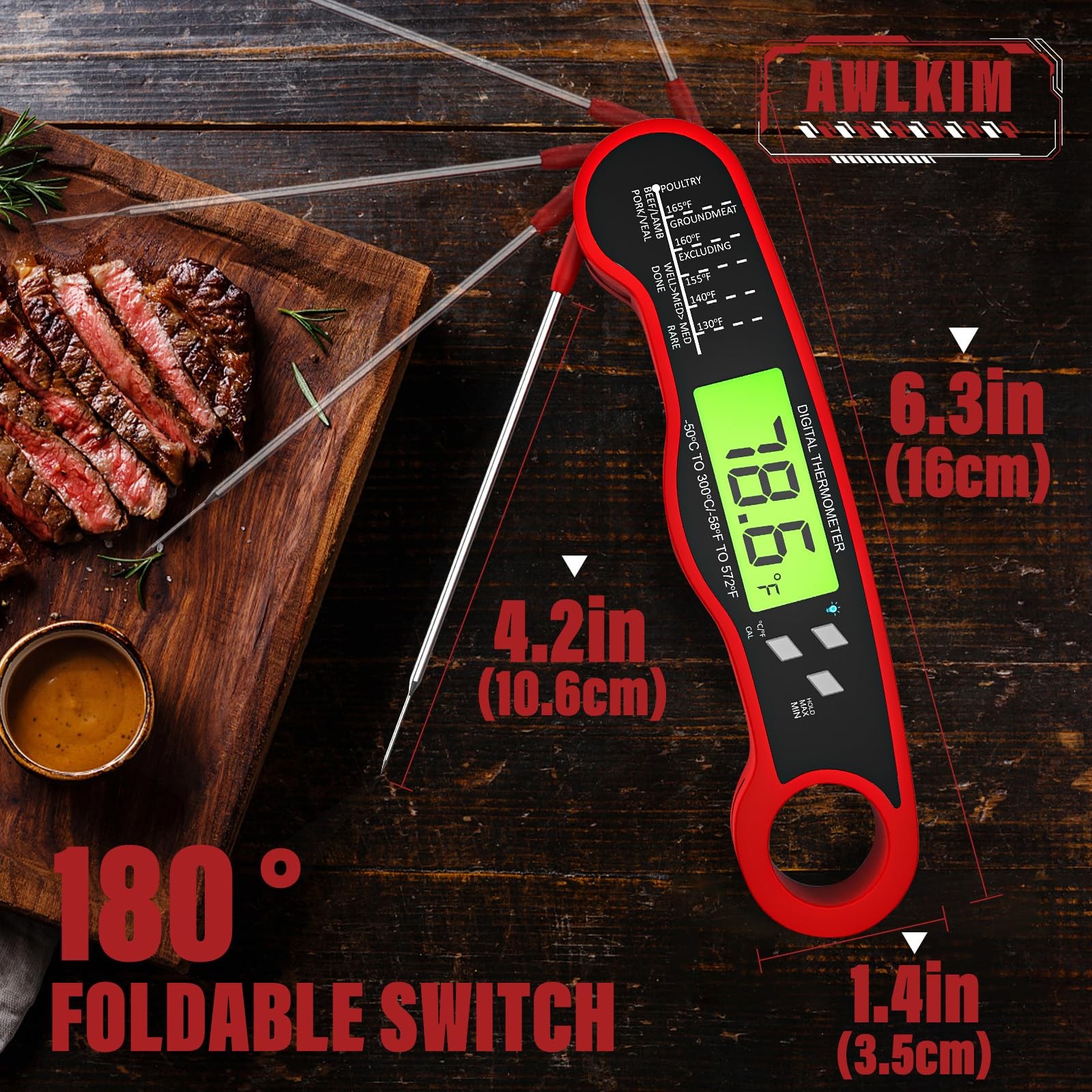 AWLKIM® Meat Thermometer Digital - Instant Read Waterproof Food Thermometer w...