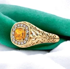 Citrine Cushion Cut With 925 Sterling Silver Gold Plated Ring For Men's #462 *