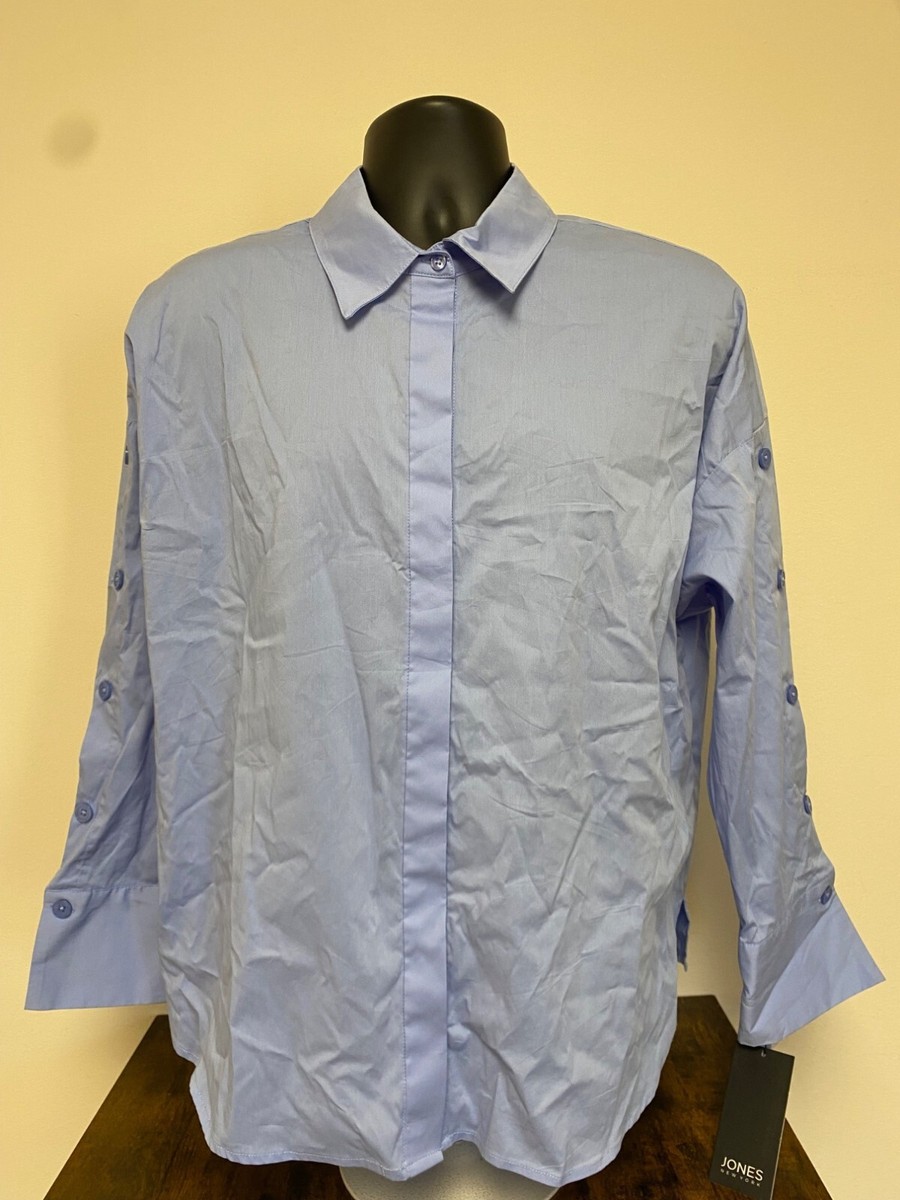 Jones New York Women's Blue Button Sleeve Cotton Poplin