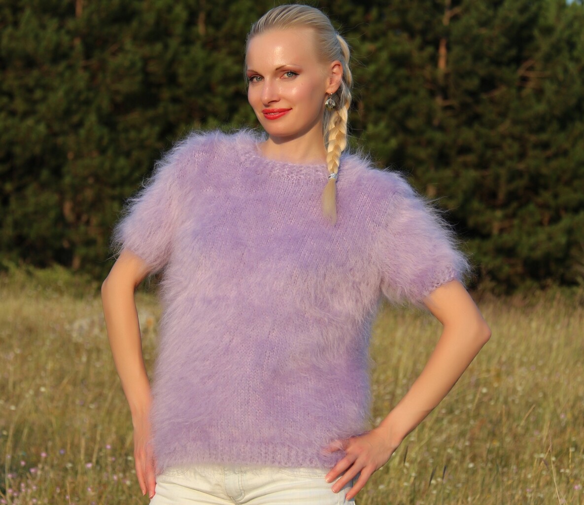 Lilac short sleeve mohair sweater lavender fluffy jumper handknit