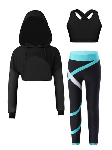 Girls 3 Pcs Dance Sport Long Sleeve Hoodie Sweatshirts Tank Top with Legging Set - Picture 8 of 52