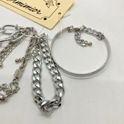 Fxmimior Bracelet Set 4 Chain Silver Tone Bracelets Adjustable Rock Biker New - Picture 9 of 10