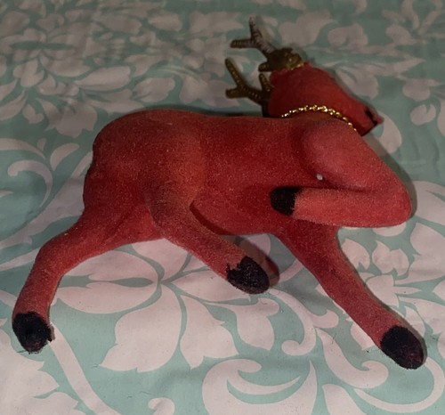 Vintage Red Felt Flocked Reindeer With Bell MI-Japan Good Used Cond. 6” tall - Picture 10 of 15