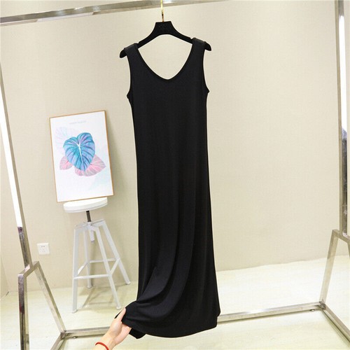 Women Scoop Neck Full Slip Plain Long Vest Dresses Camisole Liner Under Dress - Photo 25/28