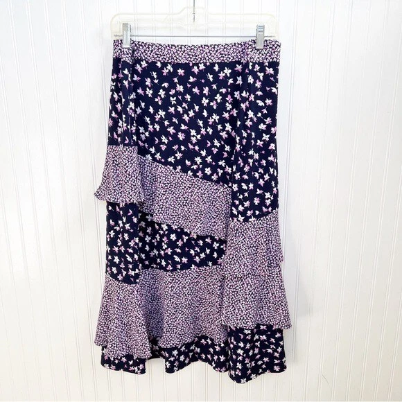 Falda Midi MICHAEL Michael Kors Nueva Con Etiquetas Azul Marino y Rosa Floral En Capas Volantes XL Foto 2 de 4