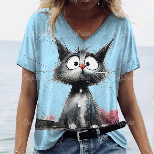 Women’s 3D Cat Print T-Shirt Casual Oversized Tee, Short Sleeve Crew Neck Street - Picture 49 of 124