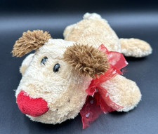 Plush Floppy Dog Tan Brown Red Heart Nose and Ribbon Bow 11" Soft Brown Ears