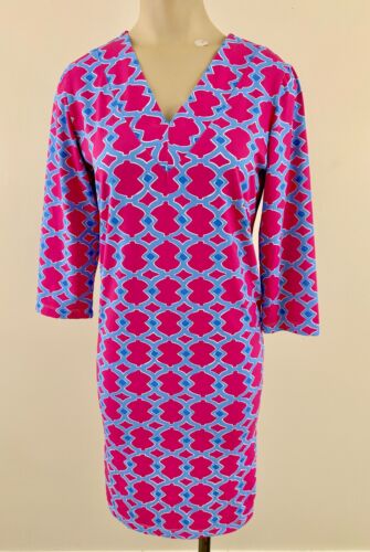 BARBARA ERICKSON Kleid Gr. Small rosa blau Print V-Ausschnitt Jersey Stretch 3/4 Arm