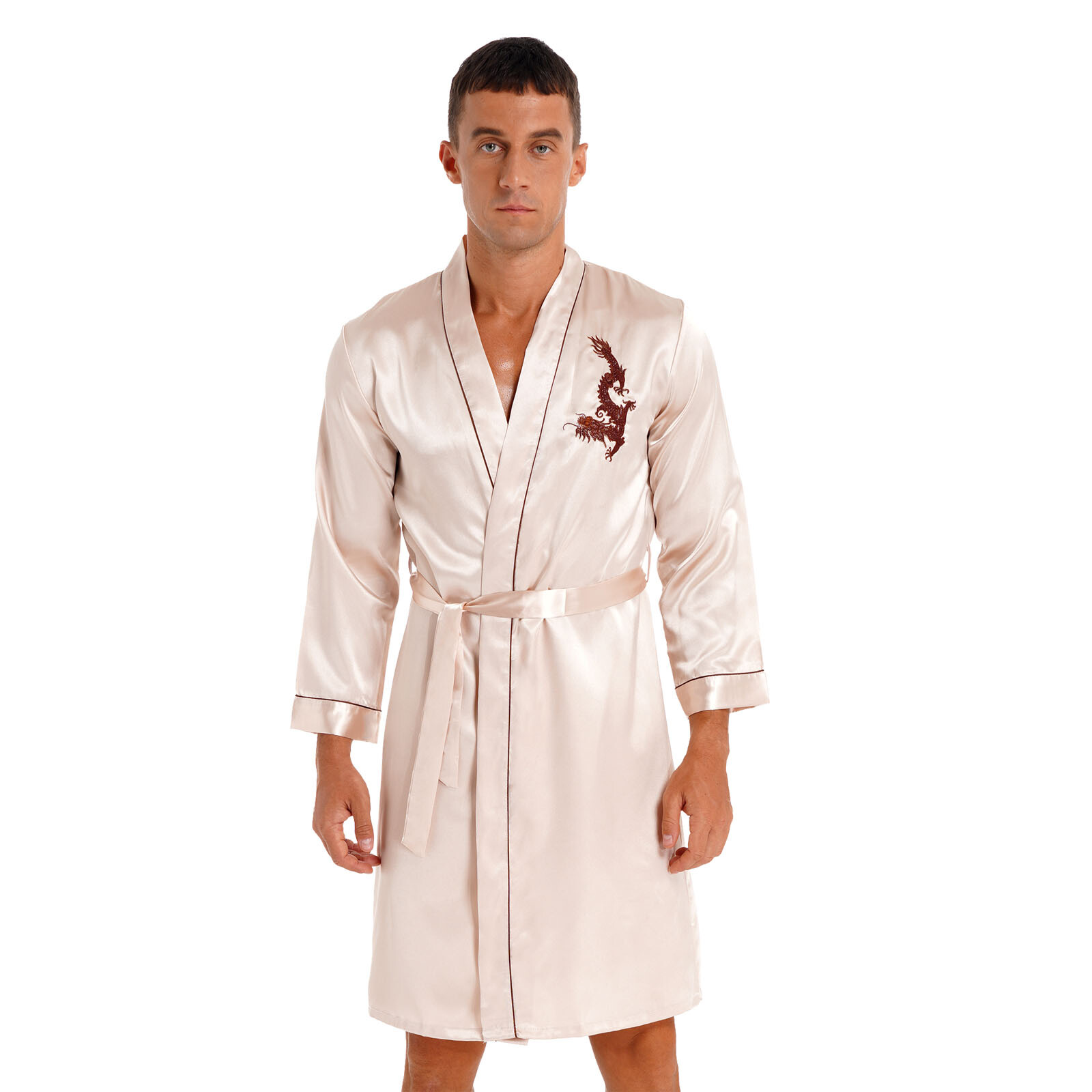Men's Satin Robes with Shorts Bathrobe Long Sleeve Dragon Embroidery Loungewear eBay
