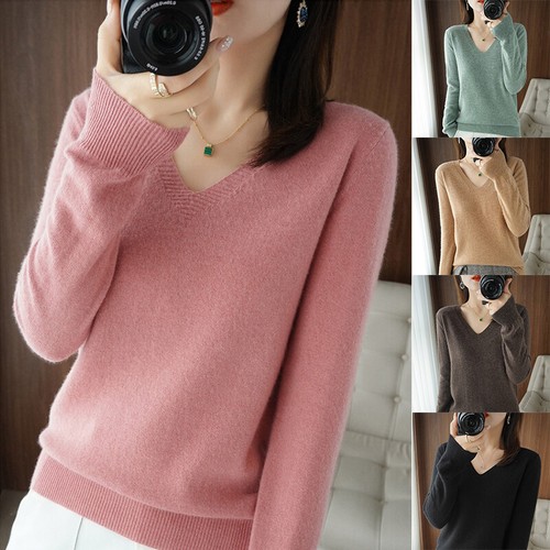 Autumn Winter Warm Cashmere Woman V-Neck Pullover Casual Sweater Knitted Tops - Picture 1 of 17