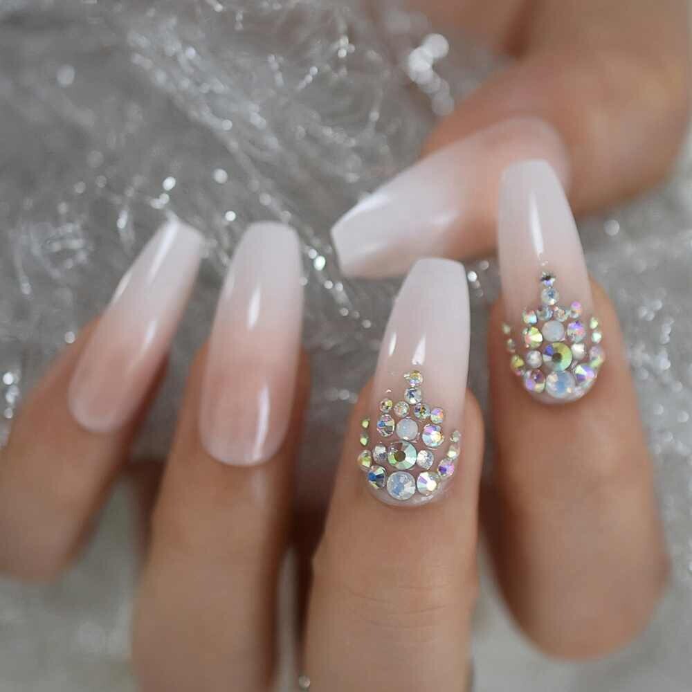 French Ombré Rhinestone Long Coffin Press On Nails- Glue On False Set-24  pcs Kit | eBay