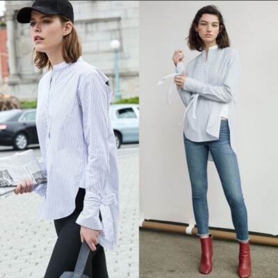Rag & Bone Dylan Tie Sleeve Striped Blouse Women Size M Blue White Poplin Shirt