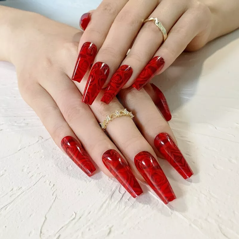 52 Luxury Coffin French Tip Nail Designs | Red tip nails, Red acrylic nails,  Long acrylic nails