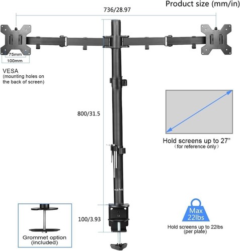 Suptek Support Double Moniteur, Bras de Moniteur de Bureau Haut pour Moniteurs LED LCD 13-27 Pouces - Photo 3/5