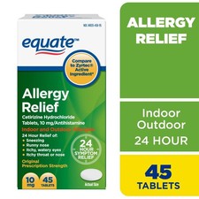 Equate 24 Hour Allergy Relief Pills Cetirizine Hydrochloride 10 Mg, 45 Tablets