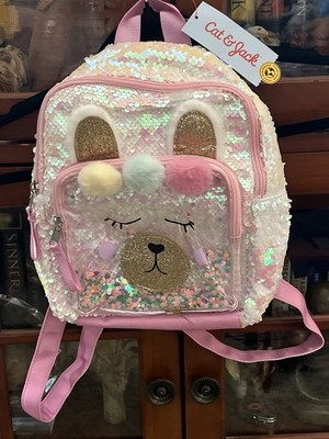 Cat & Jack Girls Pink Bunny Sequin Backpack with Pom Pom & Adjustable Straps