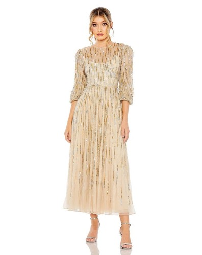 Mac Duggal Size 12 Beige 93889 Beaded Sequin High Neck Midi Cocktail Dress New - Picture 1 of 10