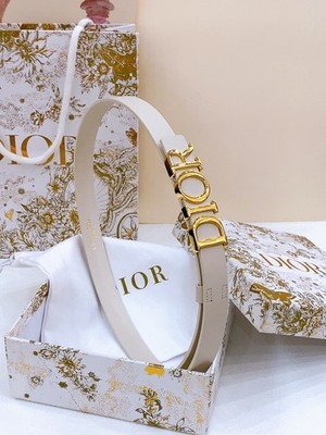 DIOR Women 2.0cm Beige Calfskin Leather Saddle Belt Gold Logo Buckle