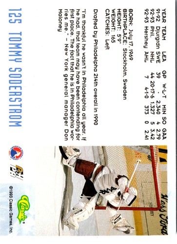 1993 Classic Tommy Soderstrom #125 Hershey Bears Hockey Card - Picture 2 of 2