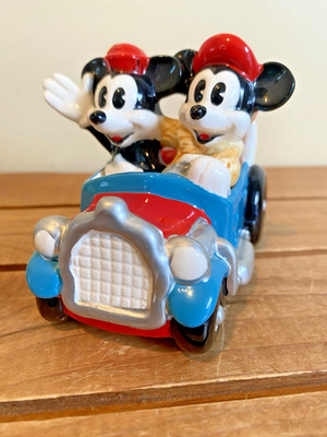 Vintage Disney Schmid Co. Mickey & Minnie Mouse Figurine in Car, Porcelain, 3''h