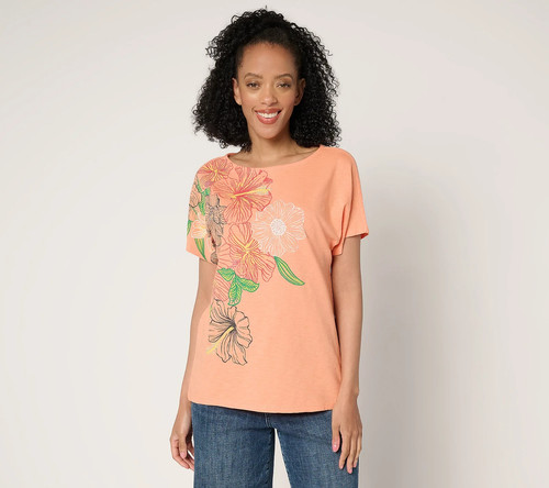 Denim & Co. 100% Cotton Jersey Dolman Sleeve Top-Spring Melon-2X A687646 NEW