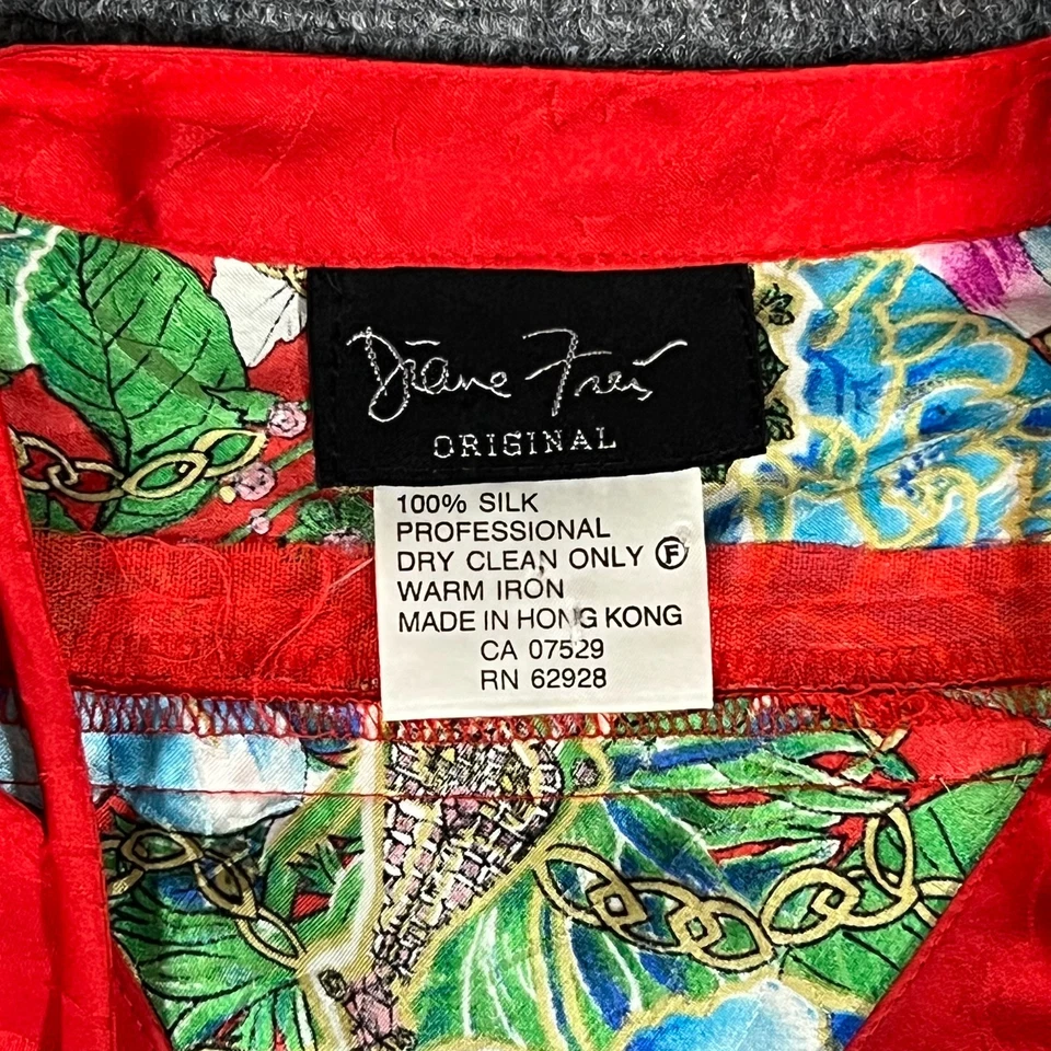 Blusa Diane Freis Original 100% Seda Cuello en V Roja Floral Colorida Talla LS Flex Foto 3 de 4