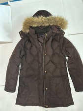 Lands End Coat Youth S Puffer Parka Hooded Faux Fur Jacket Zip Brown