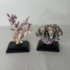 Faux Coral Sculptures Set 2 Pink Silver On Black Stands Coastal Decor Beach