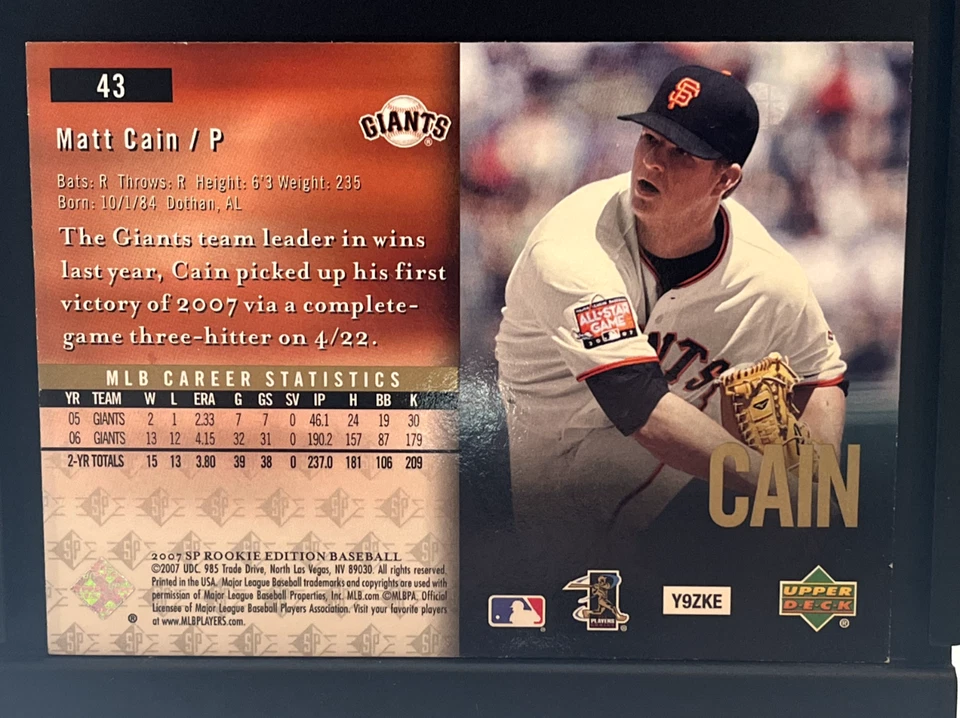 Matt Cain 2007 SP Rookie Edition  #43 NEAR MINT CONDITION - Image 2 of 2