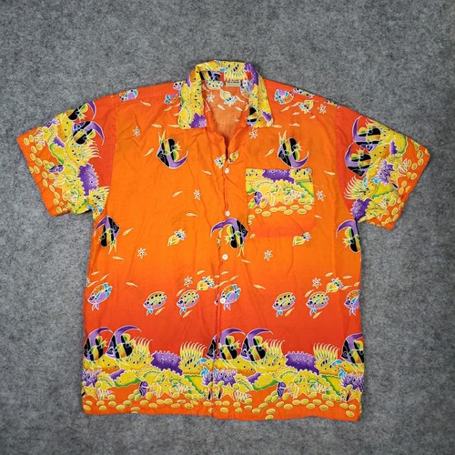 In Gear Hawaiian Shirt Mens XL Fish & Fish Coral Fashions Orange All Over Print