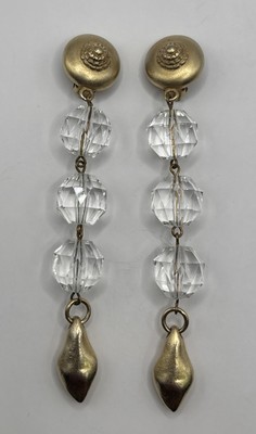 DKNY Vintage Brushed Gold Tone Crystal 4  Dangle Clip On Earrings 