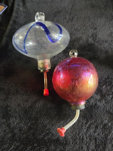 Lot 2 Beautiful Vtg Hummingbird Feeders Hand Blown Blue Swirl & Iridescant Red