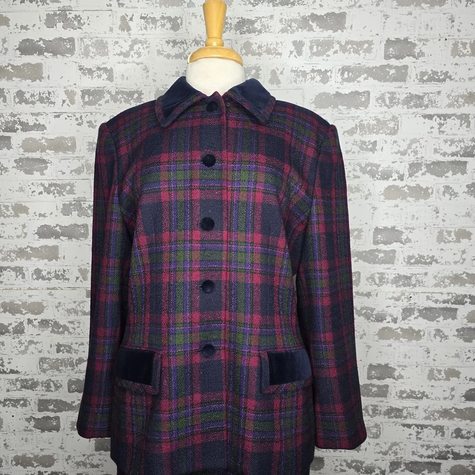 Traje Kasper Mujer 16 Vintage 100% Lana Cuadros Terciopelo Borde 2 Piezas Trabajo Carrera Foto 2 de 4