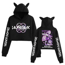 Kpop Demon Hunters Crop Tops Cat Ears Sweatshirt Long Sleeve Girls Fashion Hoodi