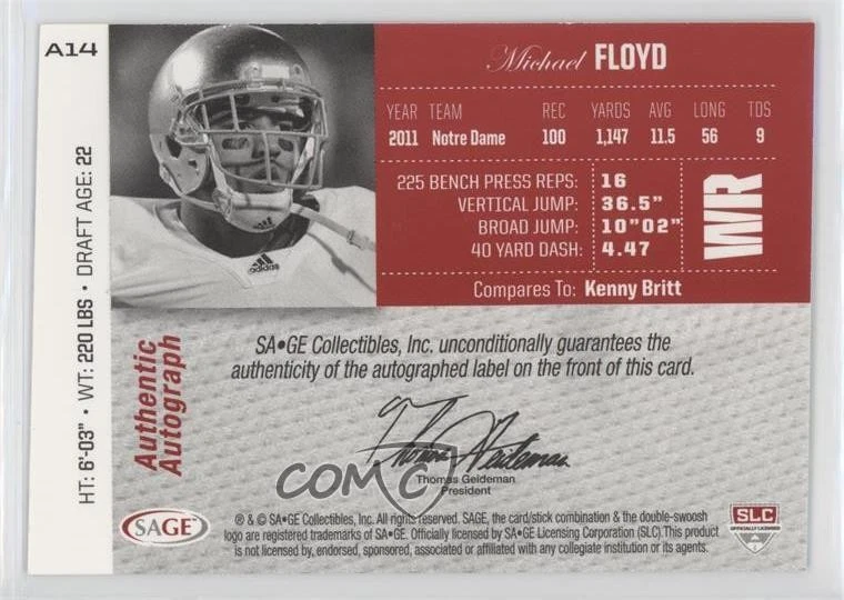 2012 SAGE Auto Auto Platinum /50 Michael Floyd #A14 Rookie Auto RC - Image 2 of 2