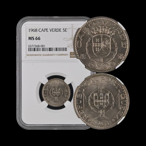 CAPE VERDE. 1968, 5 Escudos - NGC MS66 - Crowns Above Arms