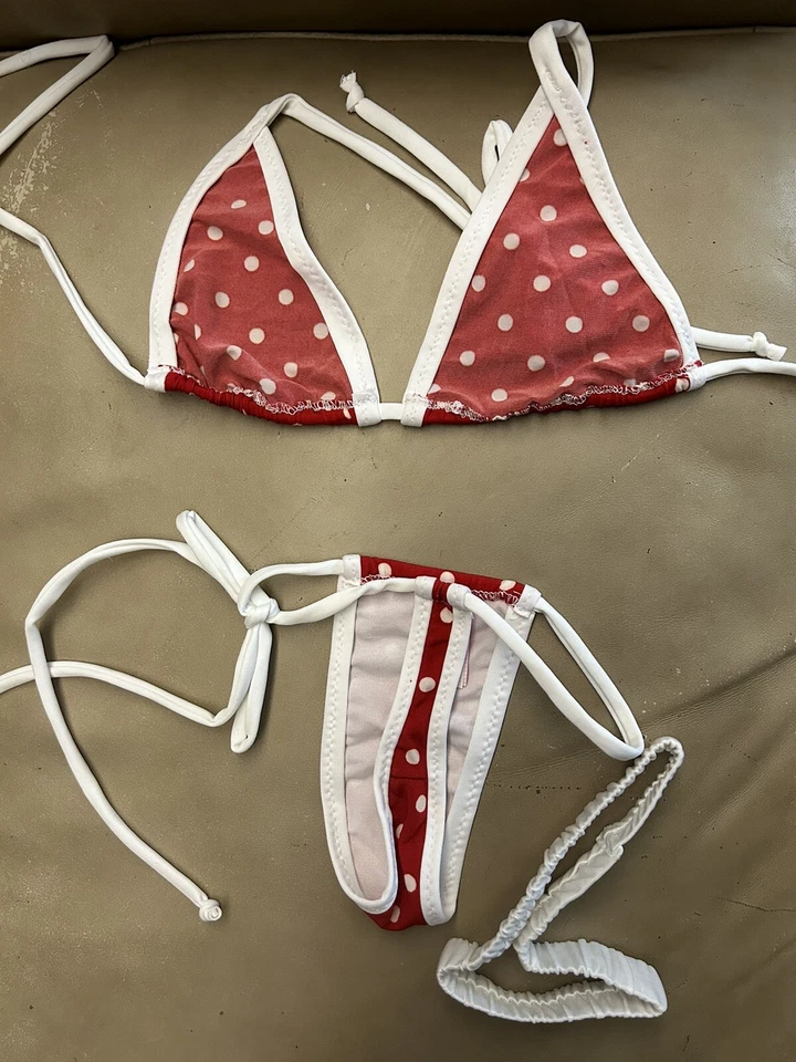 NWOT Skimpy Handmade Triangle Top Thong Bottom Red w/ White Polka Dots Bikini - Image 4 of 4