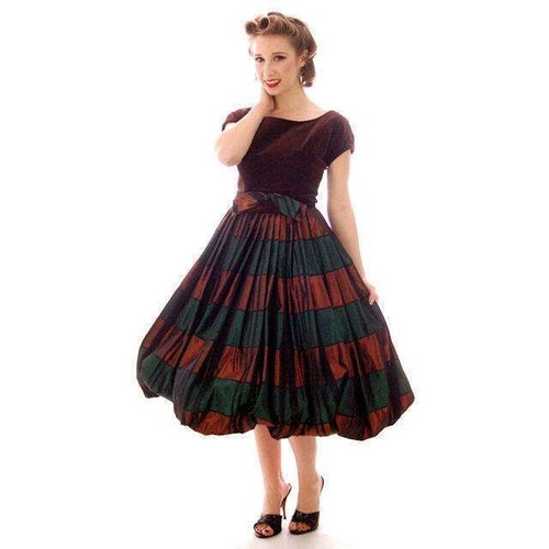 Vintage Velvet, Emerald & Copper Iridescent Taffeta Bubble Dress 1940s 34-24-Fre